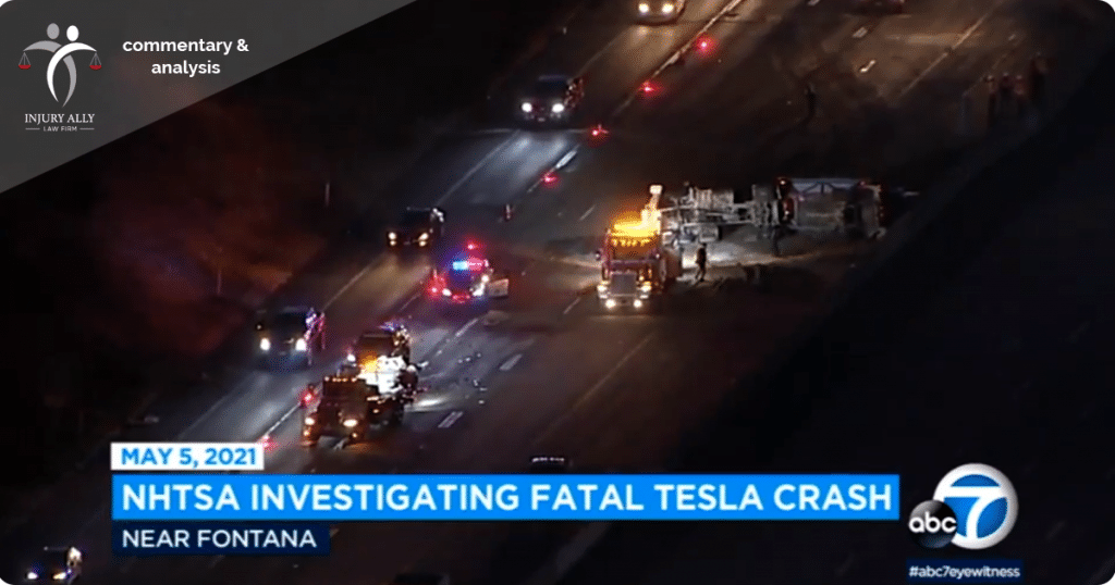 Screenshot of a big rig and tesla crash on the highway.