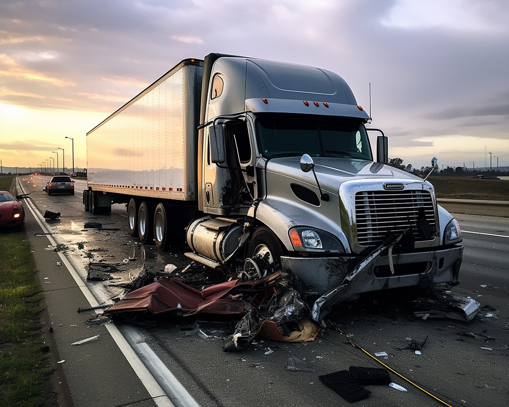 A silver semi truck after a collision with a read car on the highway.